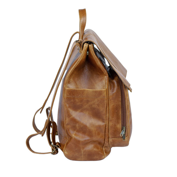 Luxury Leather Baby Backpack in Toffee with Changing Mat & Stroller Straps