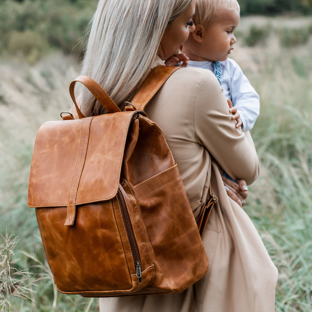 Luxury Leather Baby Backpack in Toffee with Changing Mat & Stroller Straps