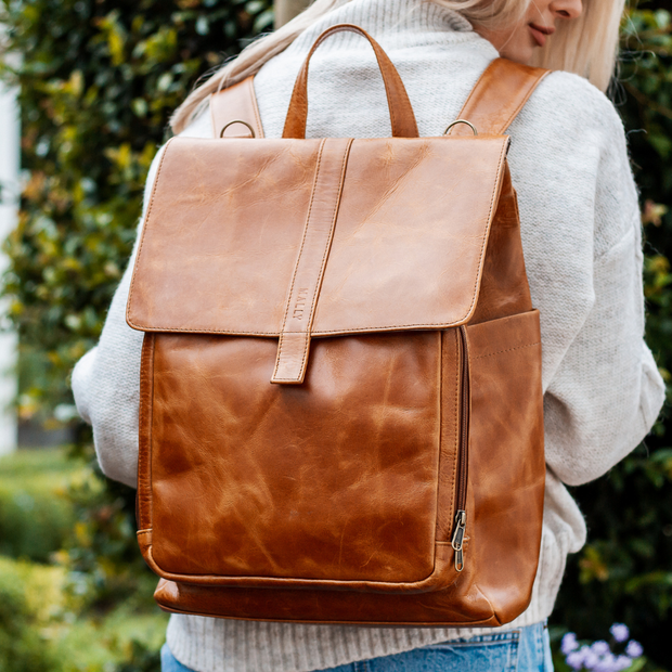 Luxury Leather Baby Backpack in Toffee with Changing Mat & Stroller Straps