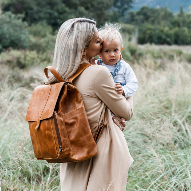 Luxury Leather Baby Backpack in Toffee with Changing Mat & Stroller Straps