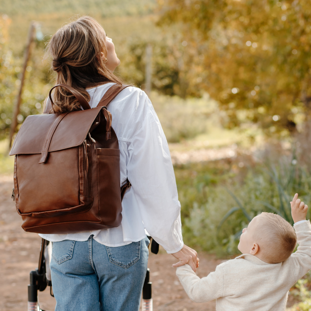 Luxury Leather Baby Backpack in Brown with Changing Mat & Stroller Straps