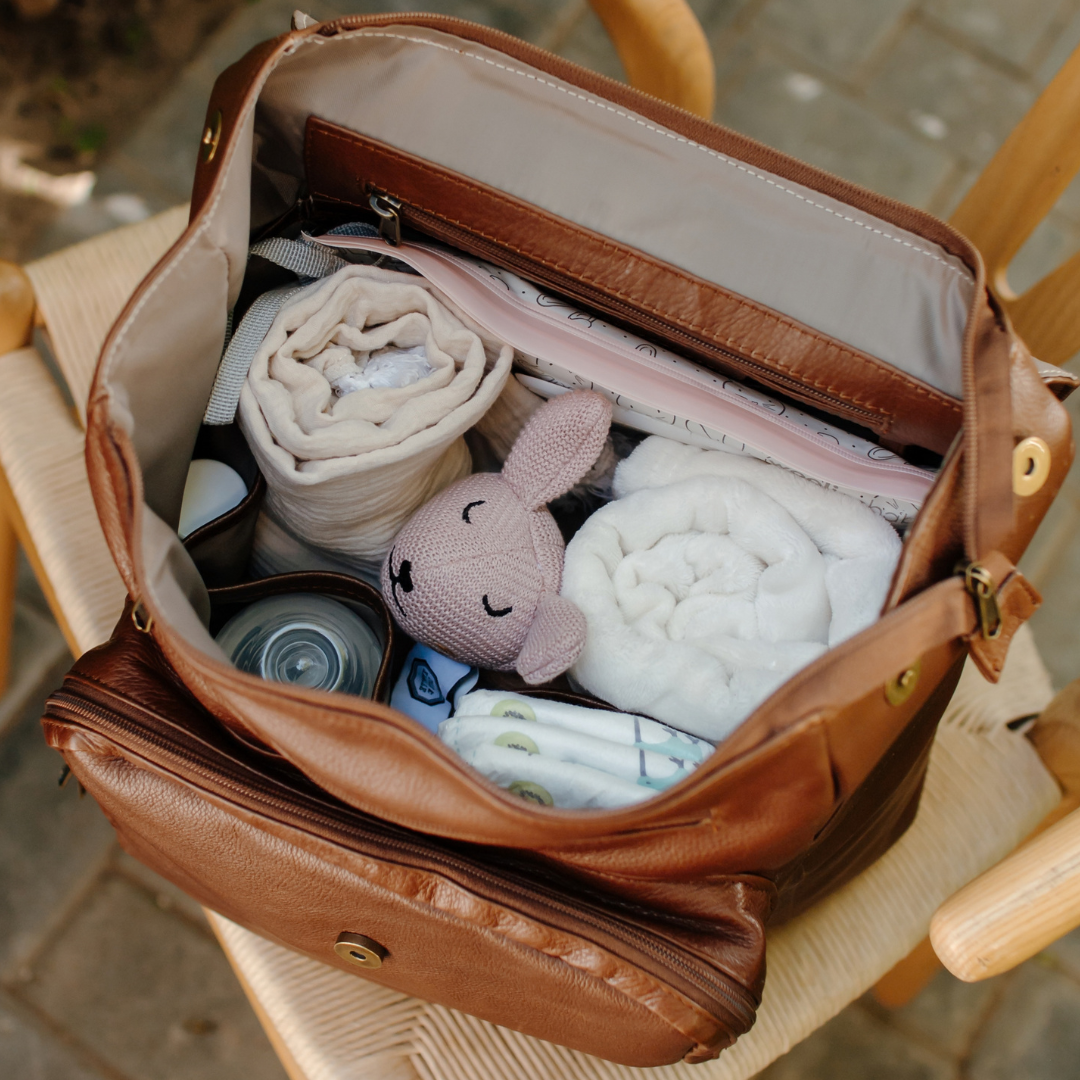 Luxury Leather Baby Backpack in Brown with Changing Mat & Stroller Straps