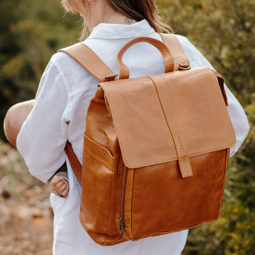 Luxury Leather Baby Backpack in Toffee with Changing Mat & Stroller Straps