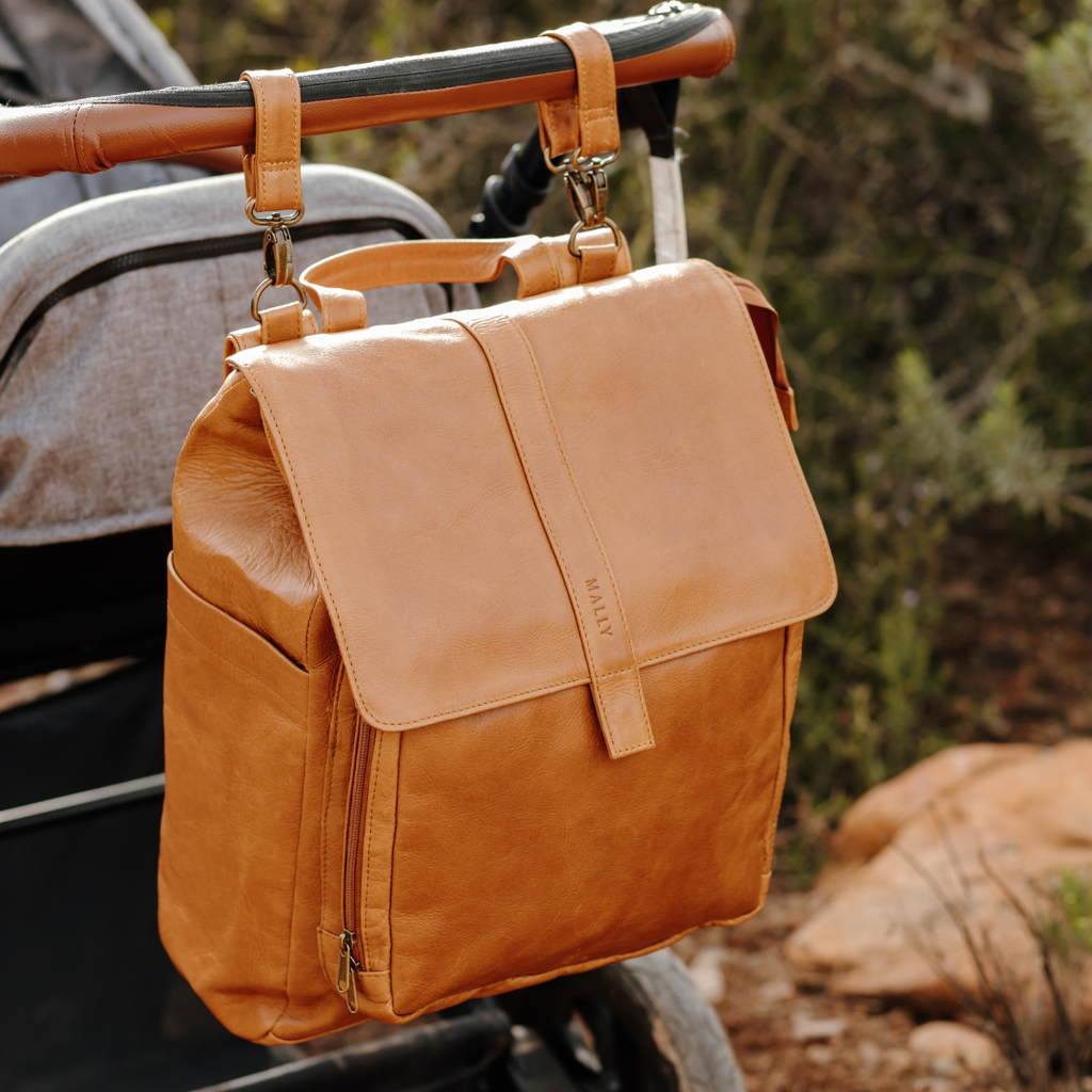 Luxury Leather Baby Backpack in Toffee with Changing Mat & Stroller Straps