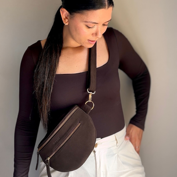 Chocolate Brown Suede Bum Bag Stylish Everyday Carry | Mally Bags